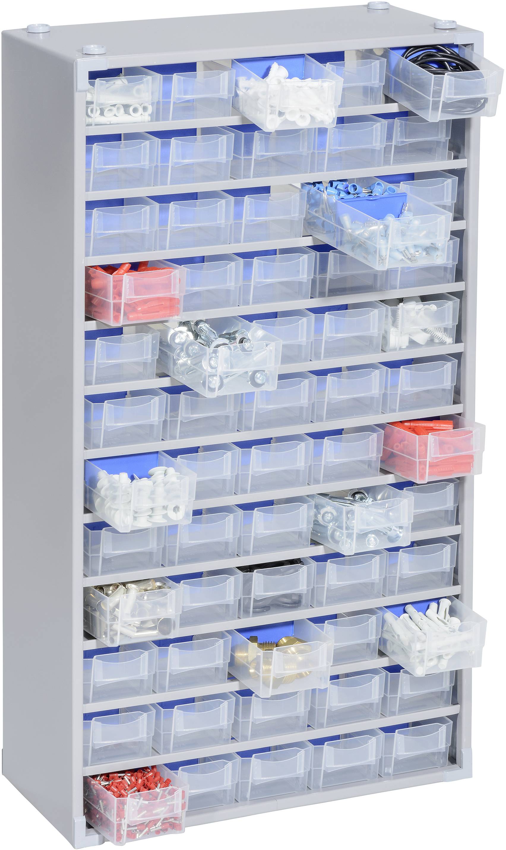 A grey shelving unit with multiple transparent drawers, filled with various screws, nuts, and small components.