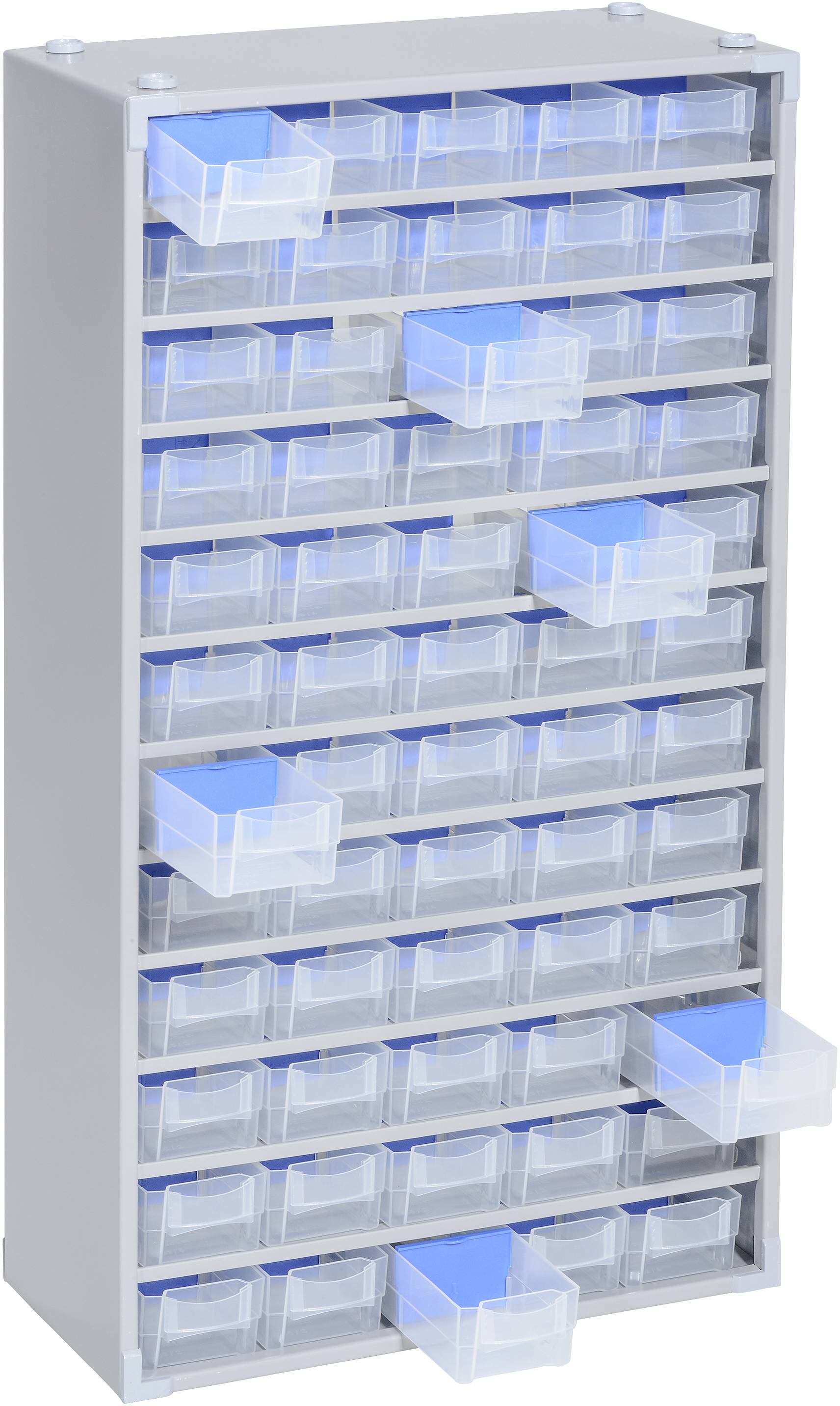 A metallic filing cabinet with six rows and eight transparent drawers in each row, partially open, reveals blue inserts.
