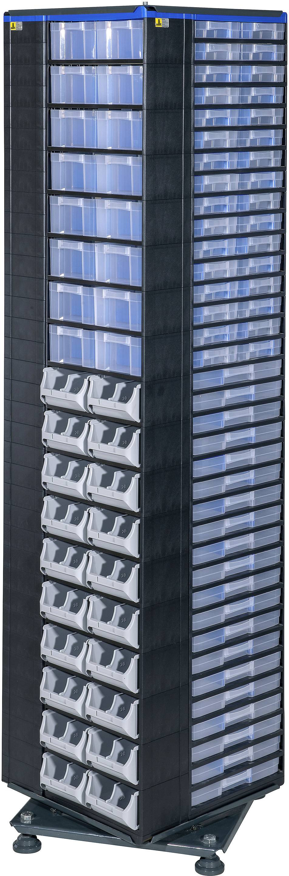 A tall, rotating cabinet with numerous small blue and grey drawers for storing tools or small components.