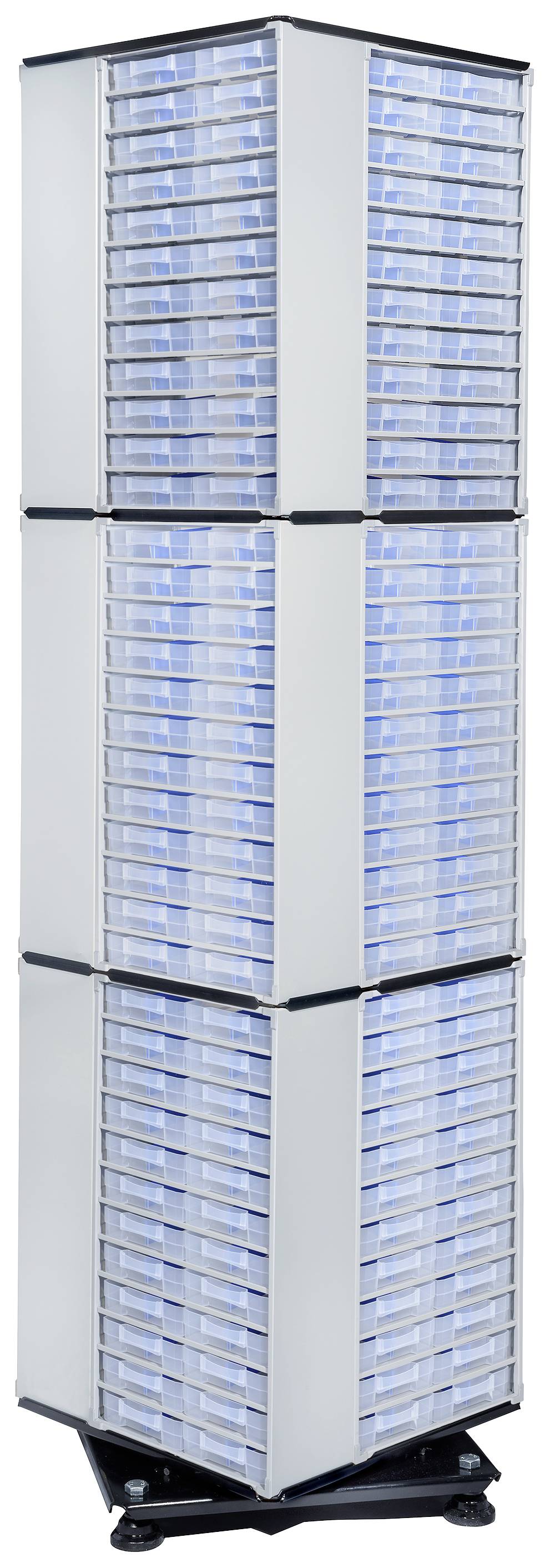 Tall shelving unit with multiple transparent drawers, suitable for storing small items and enabling easy organisation.