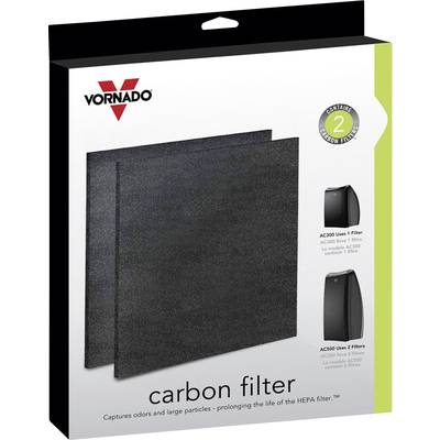 The packaging of a Vornado carbon filter shows two square filters and mentions that they capture odours and large particles. Suitable for HEPA filters.