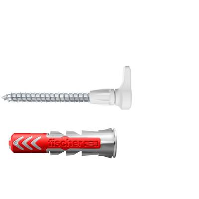 A metal screw above a red plastic wall anchor, shown separately on a white background to illustrate the fastener pair.<br>