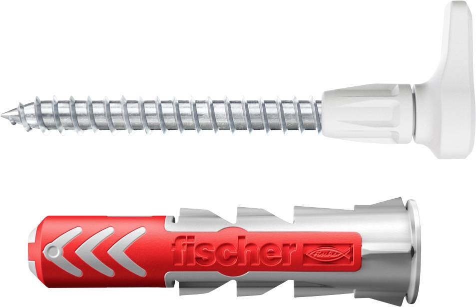Metal screw with plastic wall plug in close-up: Red wall plug with grey teeth; printed text 'fischer'.
