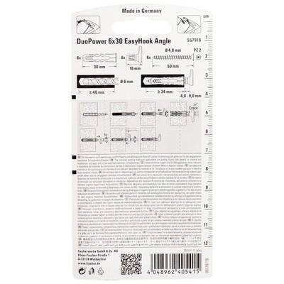 Package label for DuoPower 6x30 EasyHook Angle wall anchor, showing drill hole sizes, insertion depth, load use, and installation steps.