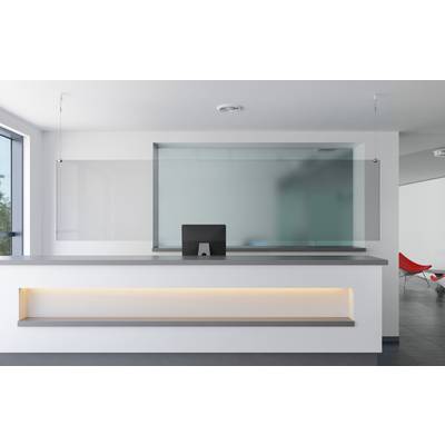 Minimalist modern reception desk with a glass partition, computer monitor, and lit display shelf in a bright office lobby.