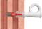 A wall plug is screwed into a brick wall. The wall plug is red and white with a screw in the centre.