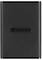 A black, rectangular external hard drive by Transcend.