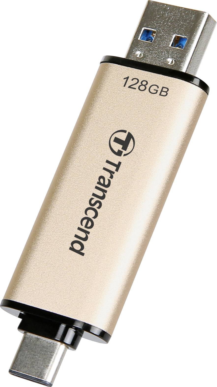 A gold-coloured Transcend USB drive with 128GB storage and two connections: a USB-A and a USB-C.