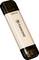 A Transcend USB flash drive with 128 GB capacity. Beige with black ends.