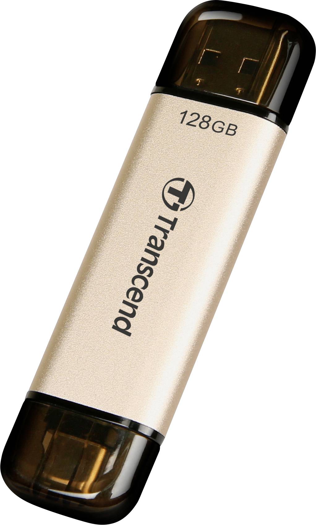 Transcend USB flash drive with 128 GB storage capacity. Metallic-look casing, with black caps at both ends.
