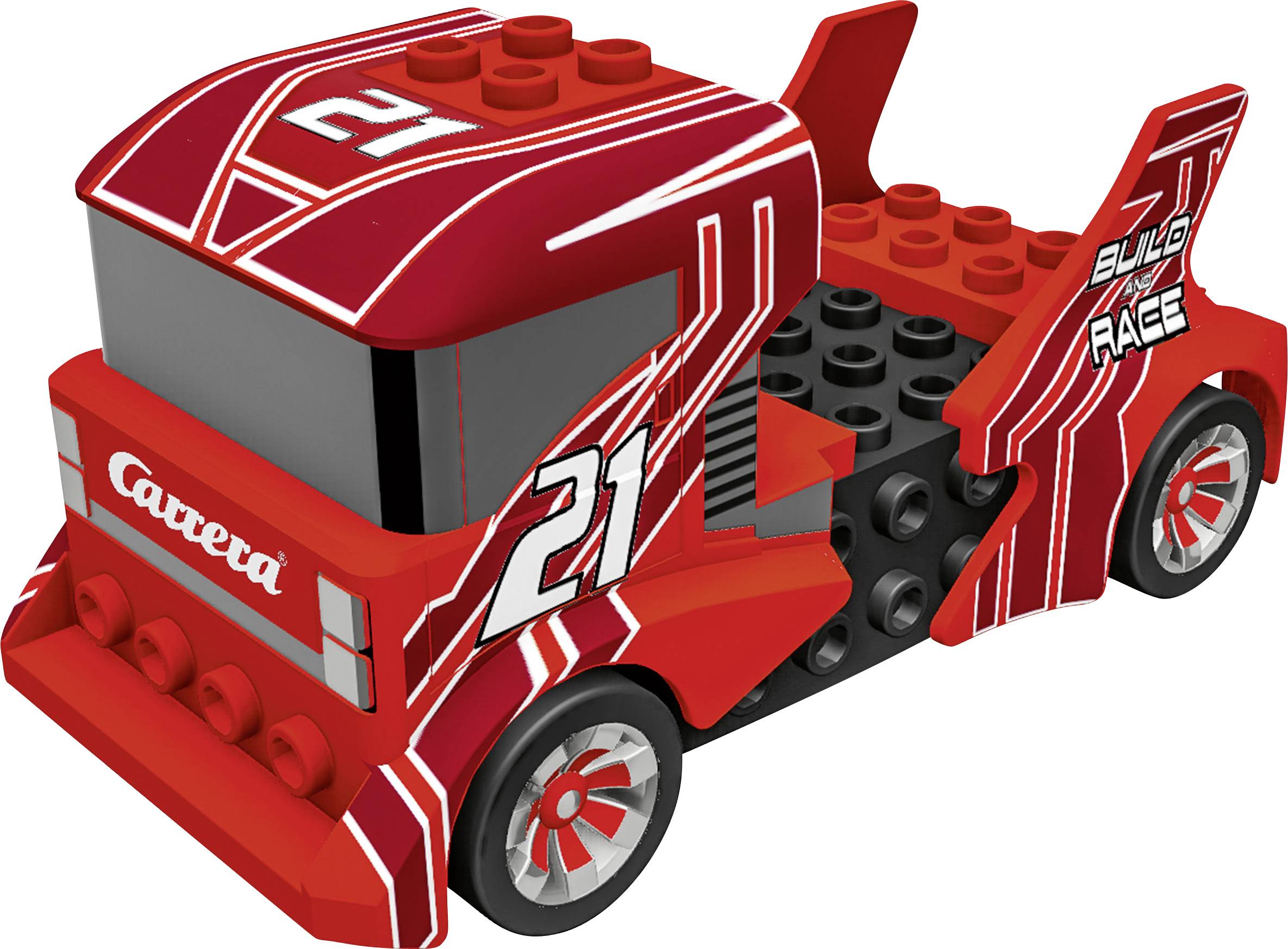 A red toy racing car made from building blocks with the number 21, 'Build Race' lettering on the side, with a sporty design.