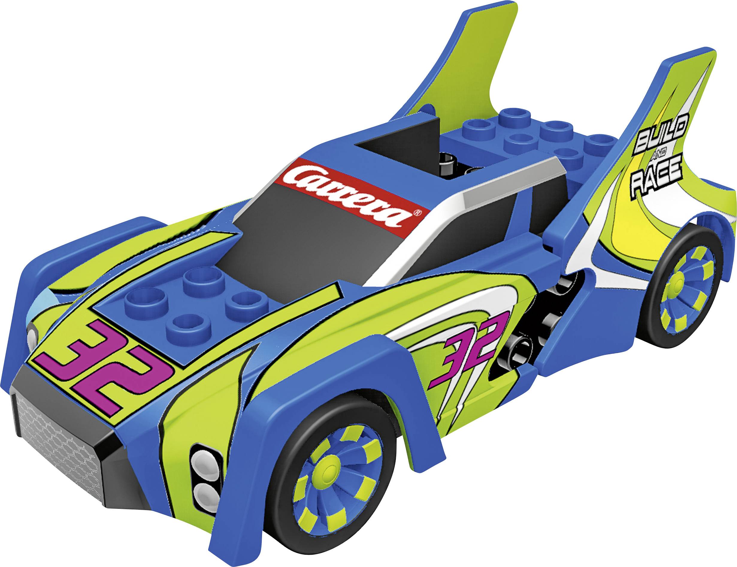A colourful toy car made of building blocks, designed in blue, green and yellow with the number '32' and the word 'Carrera' on the windscreen.