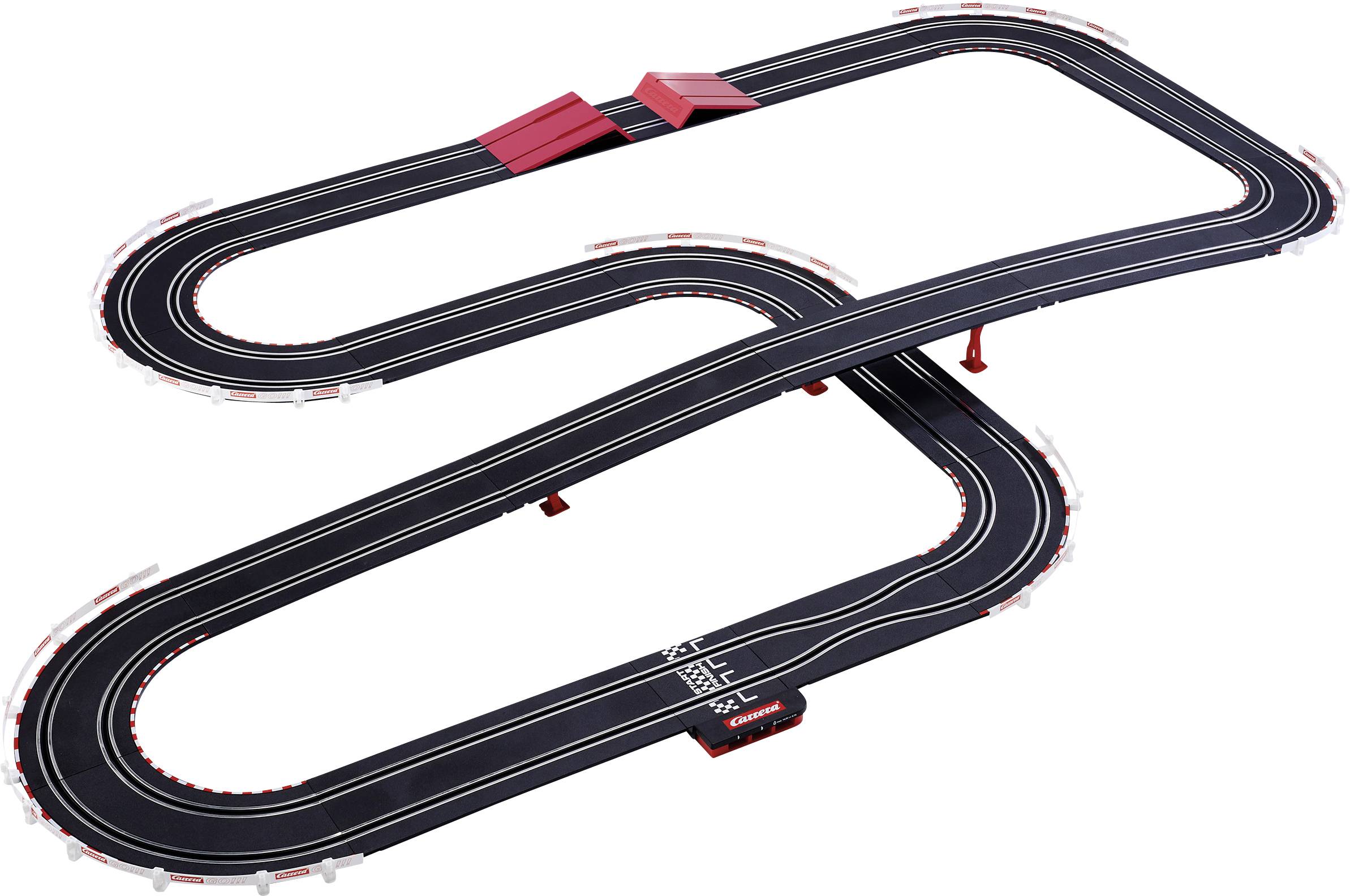 Two-tier racing track for toy cars with sharp bends, suitable for races and competitions involving multiple vehicles.