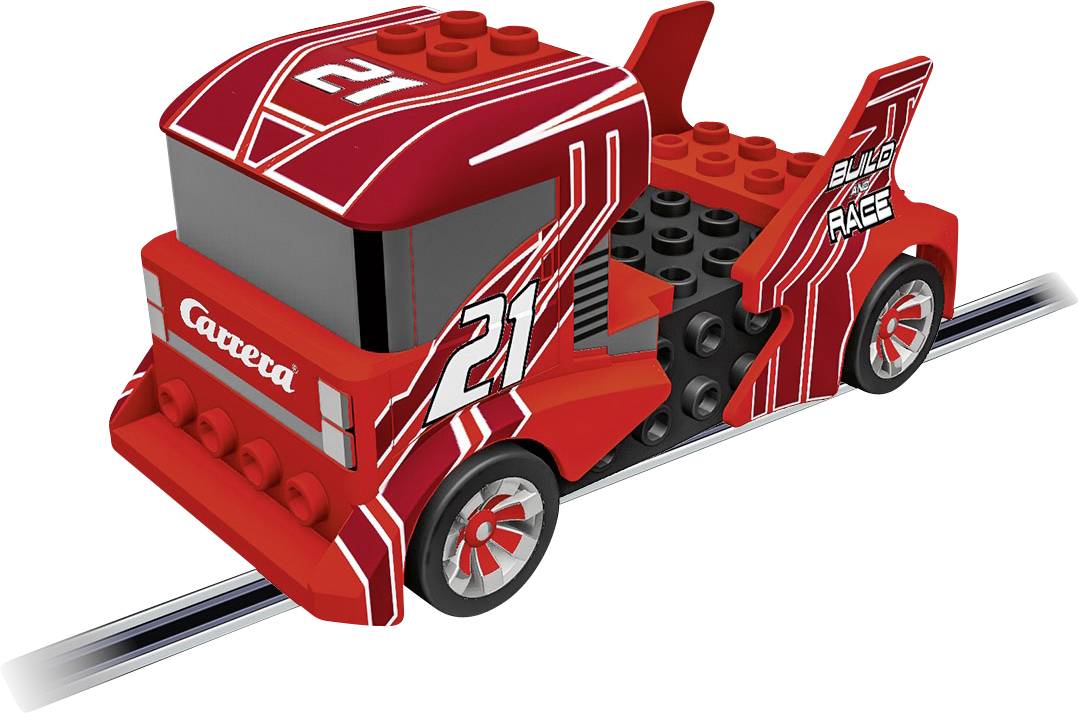 Red toy racing car with number 21 and 'Build Race' lettering, mounted on a track, LEGO-style building blocks.