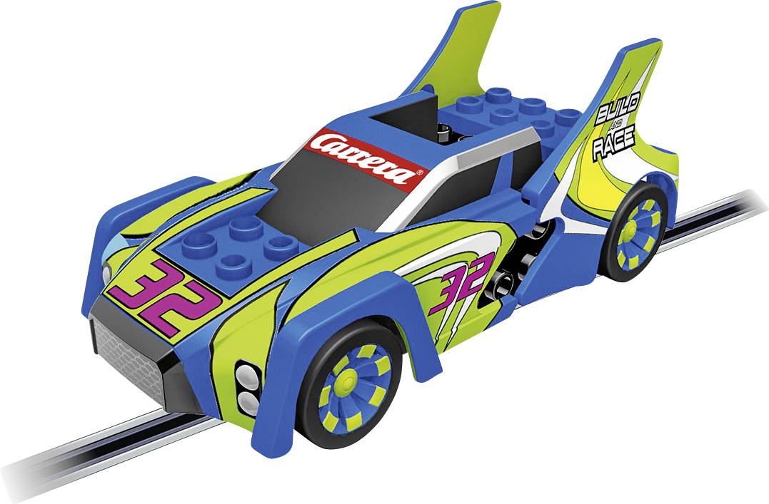 Toy racing car made from LEGO bricks in blue and green, mounted on tracks, with '32' and 'Carrera' stickers.