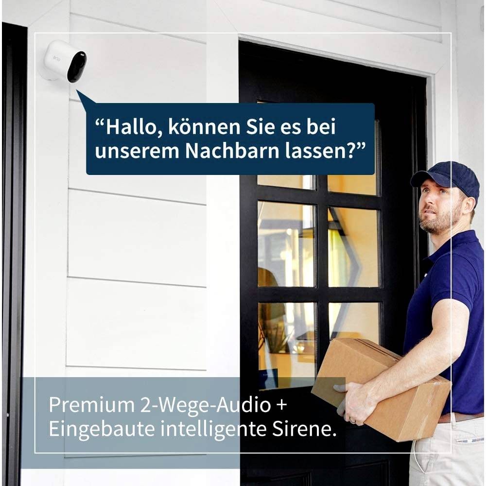 A man is delivering a package at a front door. A camera on the wall speaks: 'Hello, could you leave it with our neighbour?' Premium two-way audio and intelligent siren built-in.