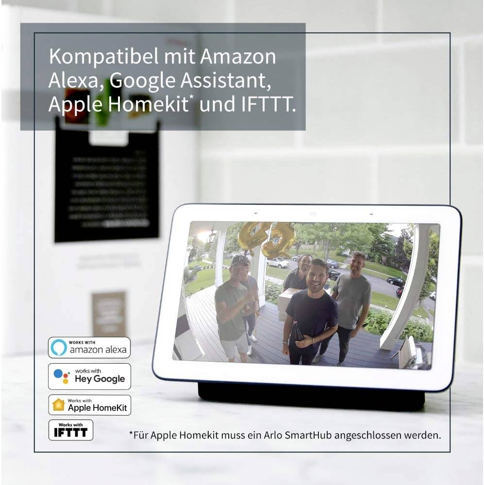 A smart display shows a live video of four smiling people on a veranda. It is compatible with Alexa, Google Assistant, Apple HomeKit and IFTTT.