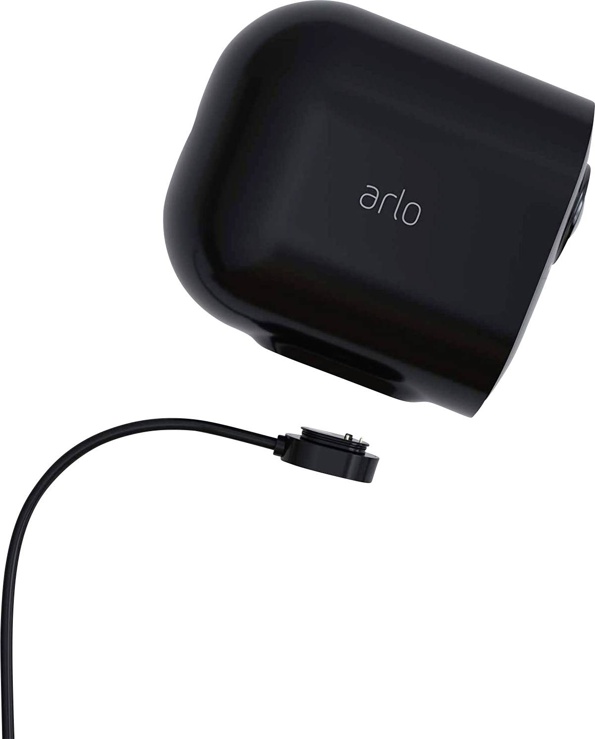 Black Arlo camera with magnetic charging station.