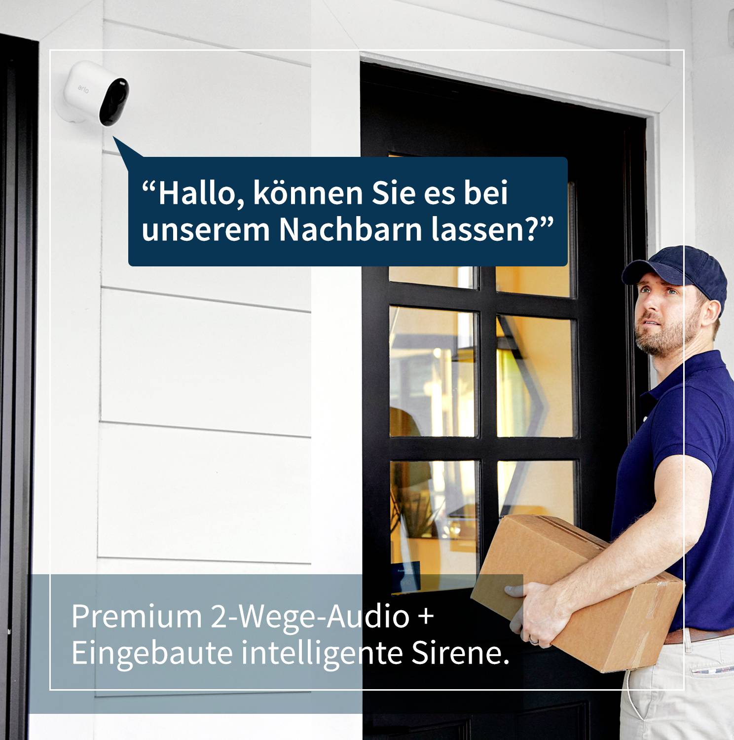 A man with a package is speaking to a camera at a front door. Text on the camera: 'Hello, can you leave it with our neighbour?'<br><br>Note: I adjusted the spelling of "neighbor" to the British English "neighbour" as per the instructions.