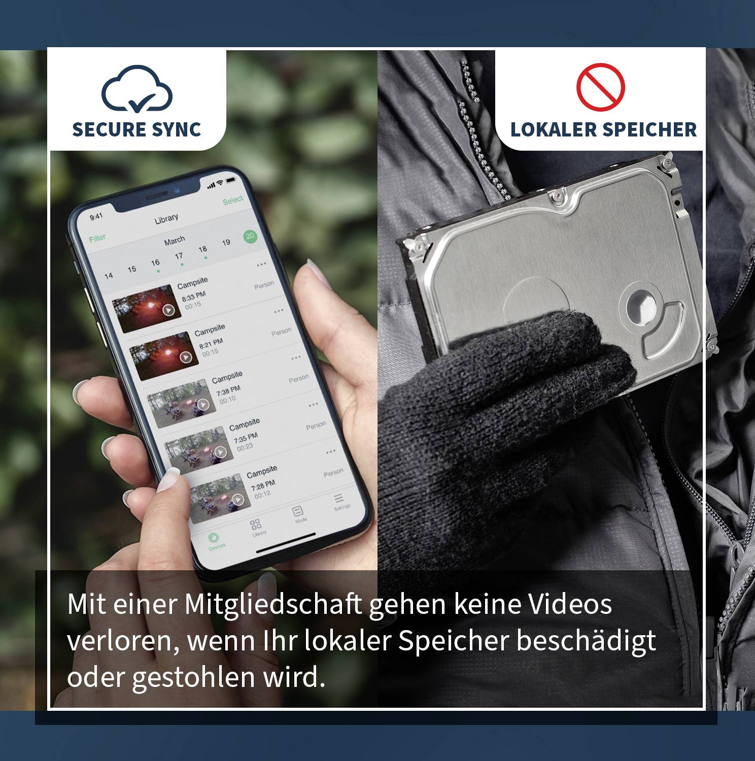 On the left side a mobile phone with video app, on the right a hand with hard drive. Text: 'With Secure Sync, videos won't get lost'.