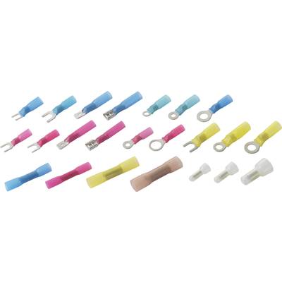 Various types of coloured cable connectors, including blue, red, yellow, and clear insulations, arranged by shape and size.
