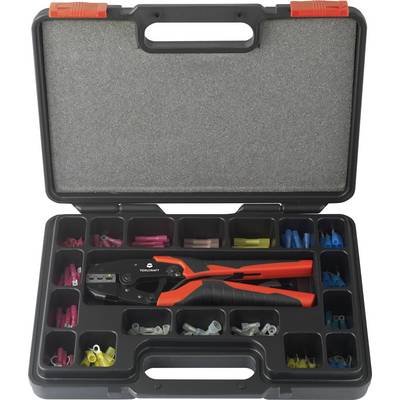 A crimping pliers set in an open case with multiple compartments containing various coloured cable connectors.