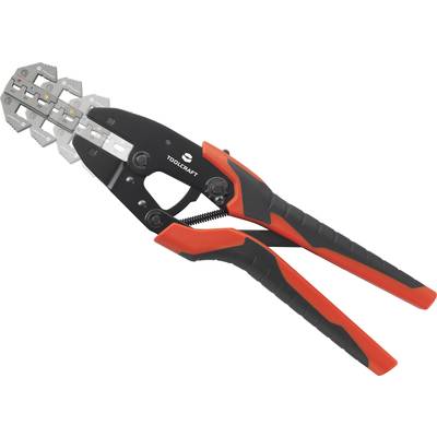 A crimping pliers with black and red handles, used for crimping cable lugs or connectors.