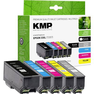 'KMP Premium Quality Inkjet Cartridges Multipack' includes four cartridges: black, photo black, cyan, magenta, yellow; replaces Epson 33XL.