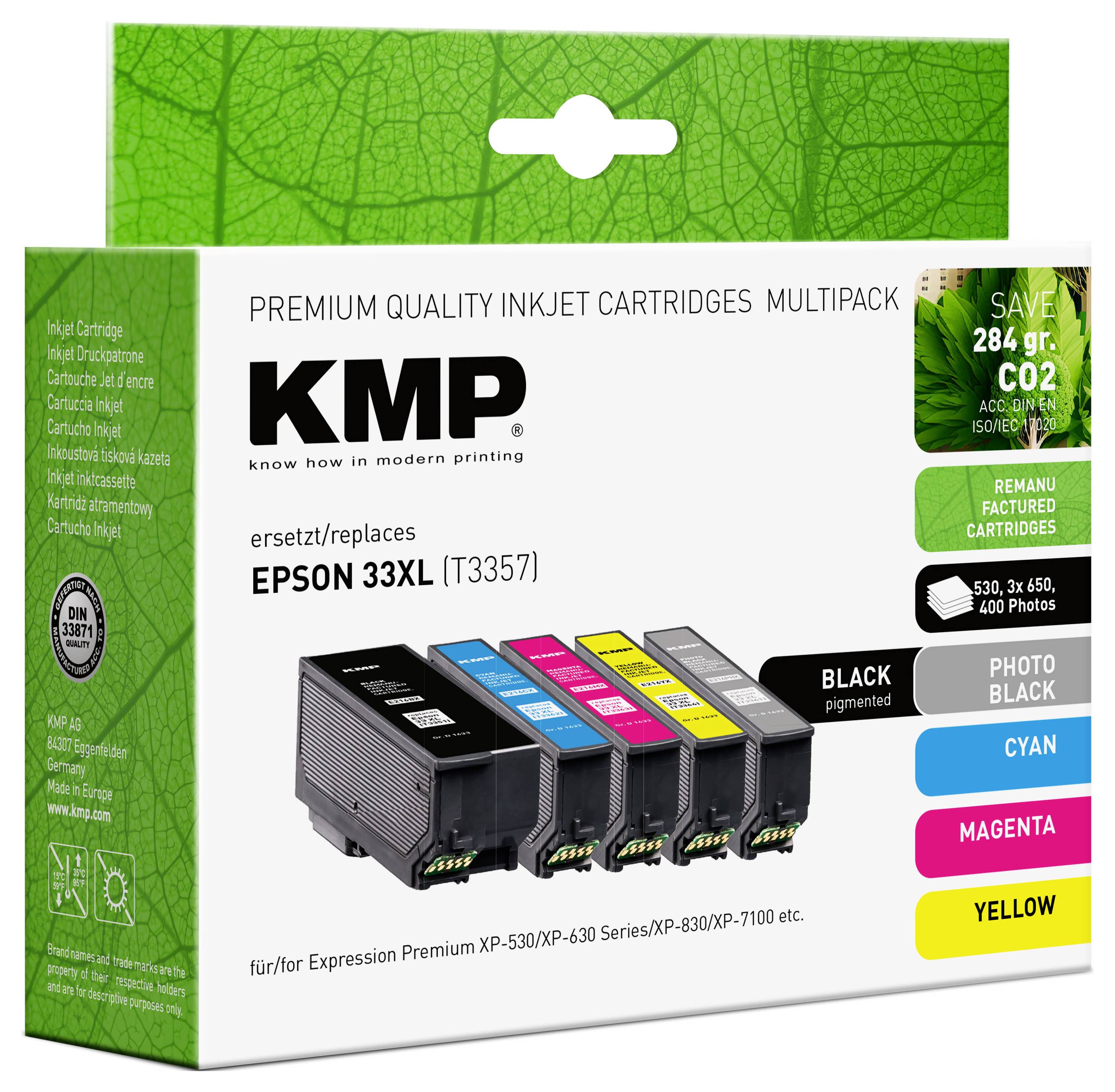 A multipack of KMP ink cartridges compatible with Epson 33XL (T3357), featuring black, photo black, cyan, magenta, and yellow colors.