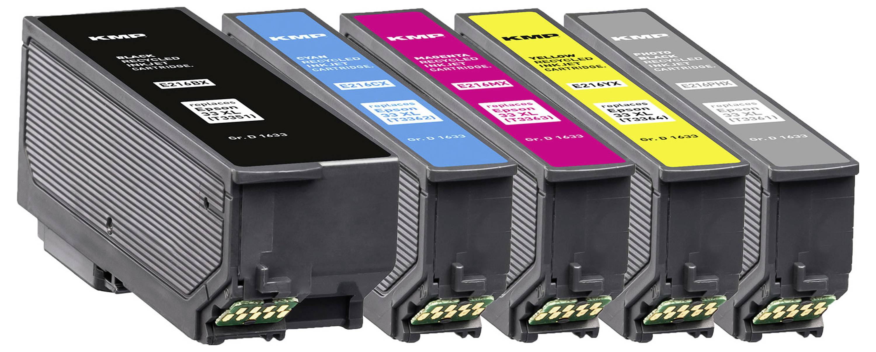 Five printer ink cartridges in black, cyan, magenta, yellow, and gray arranged in a row, each labeled with color and product codes.