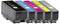 Five printer ink cartridges in black, cyan, magenta, yellow, and gray arranged in a row, each labeled with color and product codes.