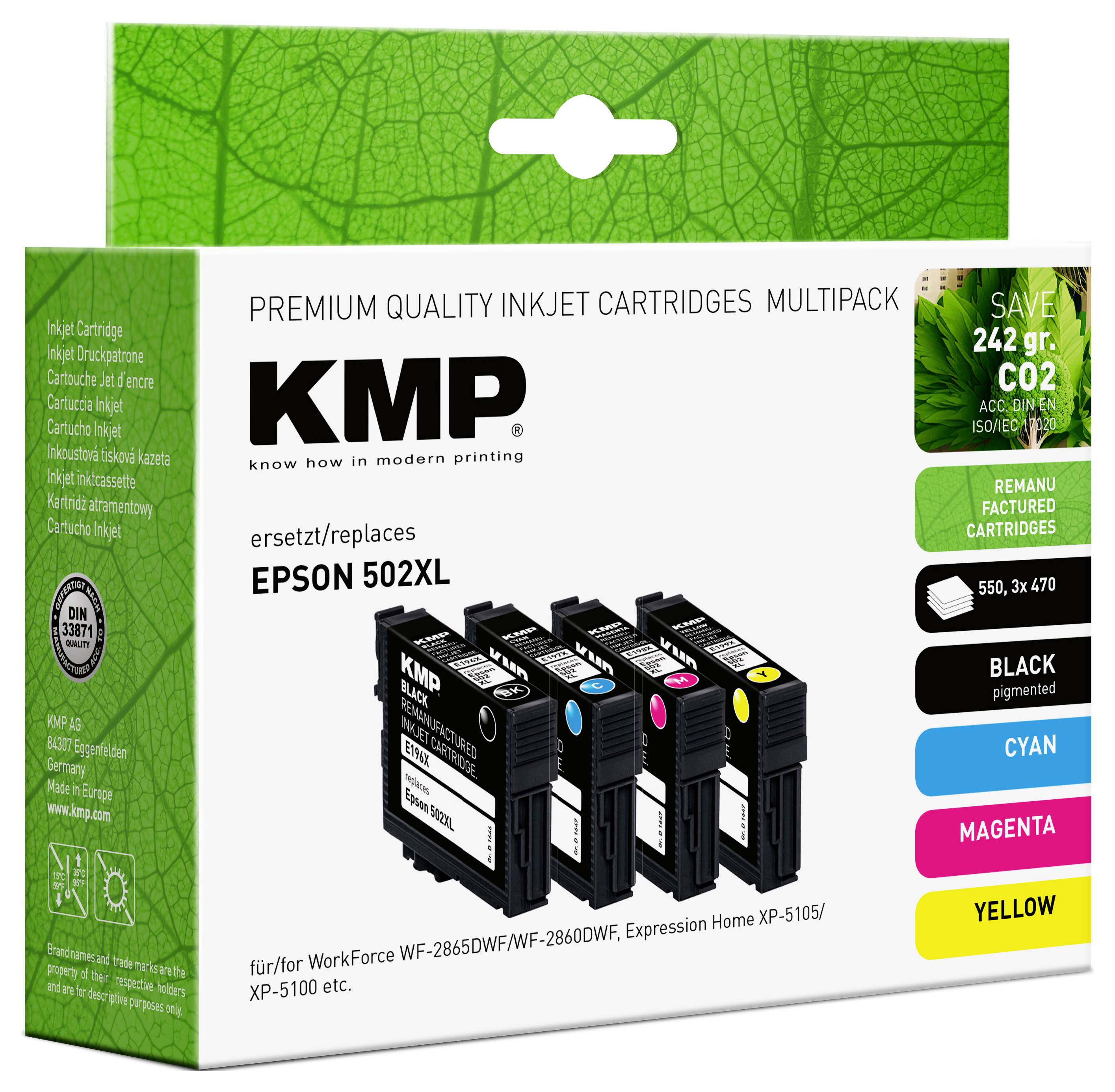 'KMP inkjet cartridges multipack compatible with Epson 502XL; includes black, cyan, magenta, yellow cartridges; eco-friendly packaging.'