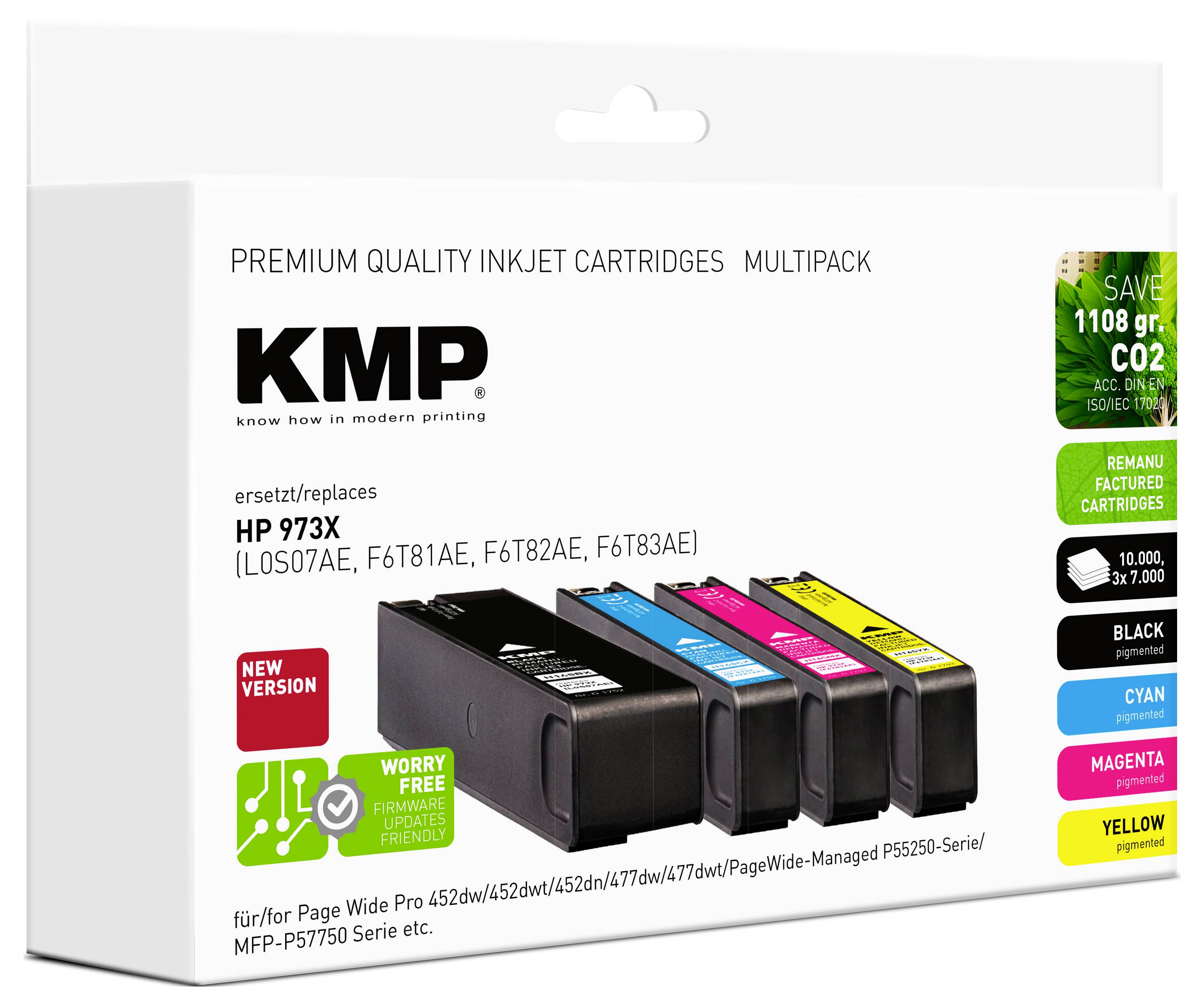 Packaging of KMP premium inkjet cartridges multipack for HP 973X, featuring cartridges in black, cyan, magenta, and yellow.