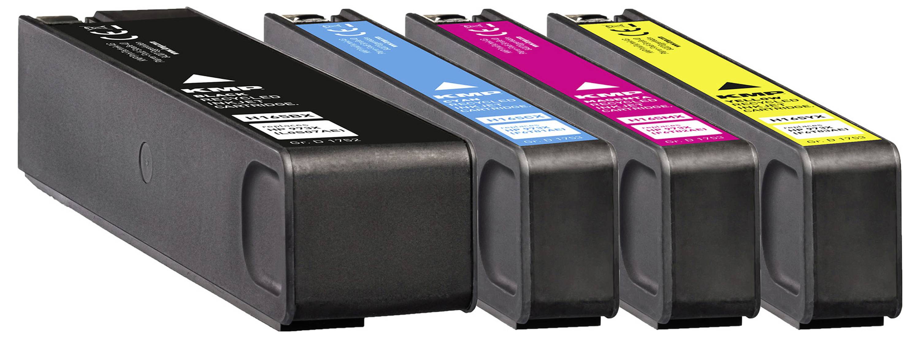 Four ink cartridges in black, cyan, magenta, and yellow arranged in a row, highlighting color options for a printer.