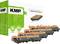 Three orange toner cartridges in front of a box with the 'KMP' logo, advertised as high-quality, environmentally-friendly printer cartridges.