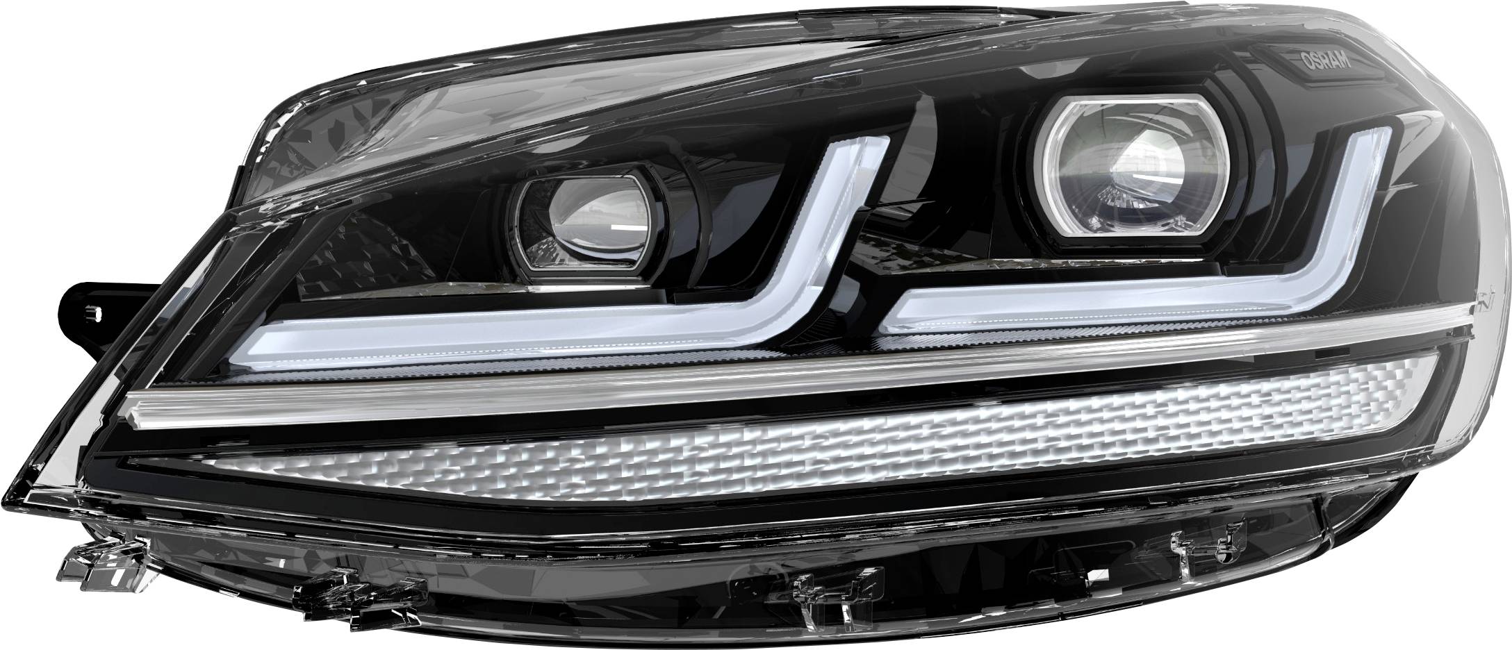 A modern car headlight with two illuminating LED strips and two reflective control units in an elegant, black housing.
