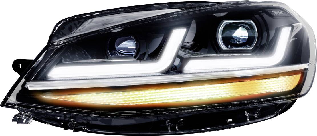 A modern car headlight with two LED light sources and a yellow indicator strip beneath it.