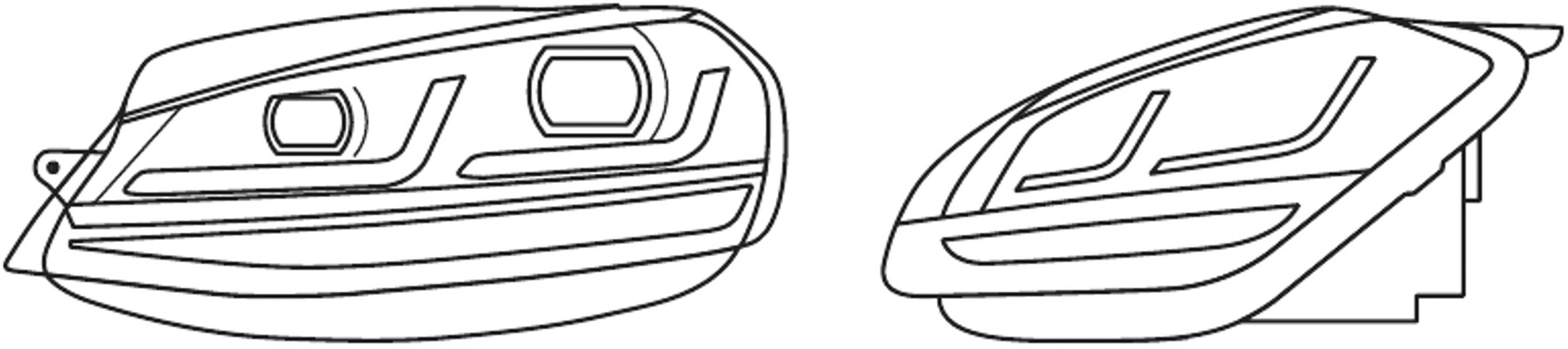 Two stylised, graphic illustrations of car headlamps, arranged side by side, show different side views.