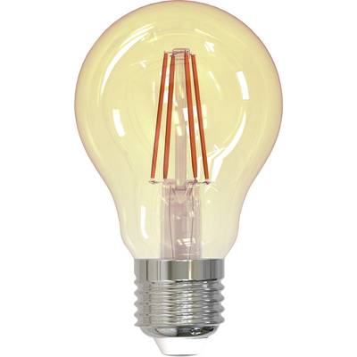 Light bulb with visible filaments and screw base, against a white background.