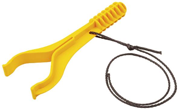 Yellow plastic tool with two forked ends and a black cord. Likely used for fastening or removing.