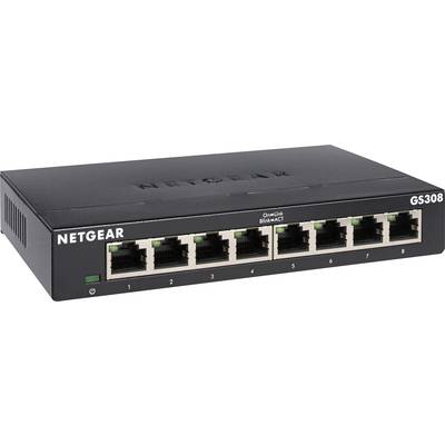 A black NETGEAR Network Switch GS308 with eight Ethernet ports for connecting multiple devices in a network.