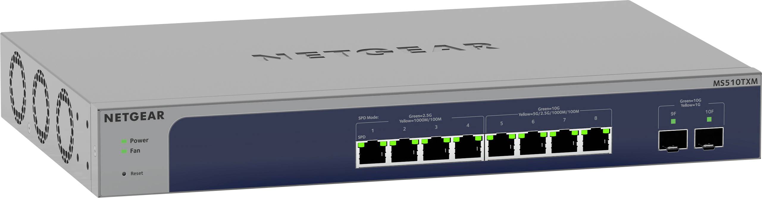 Network switch with eight Ethernet ports. Front shows LEDs for power and connection, suitable for data networks.