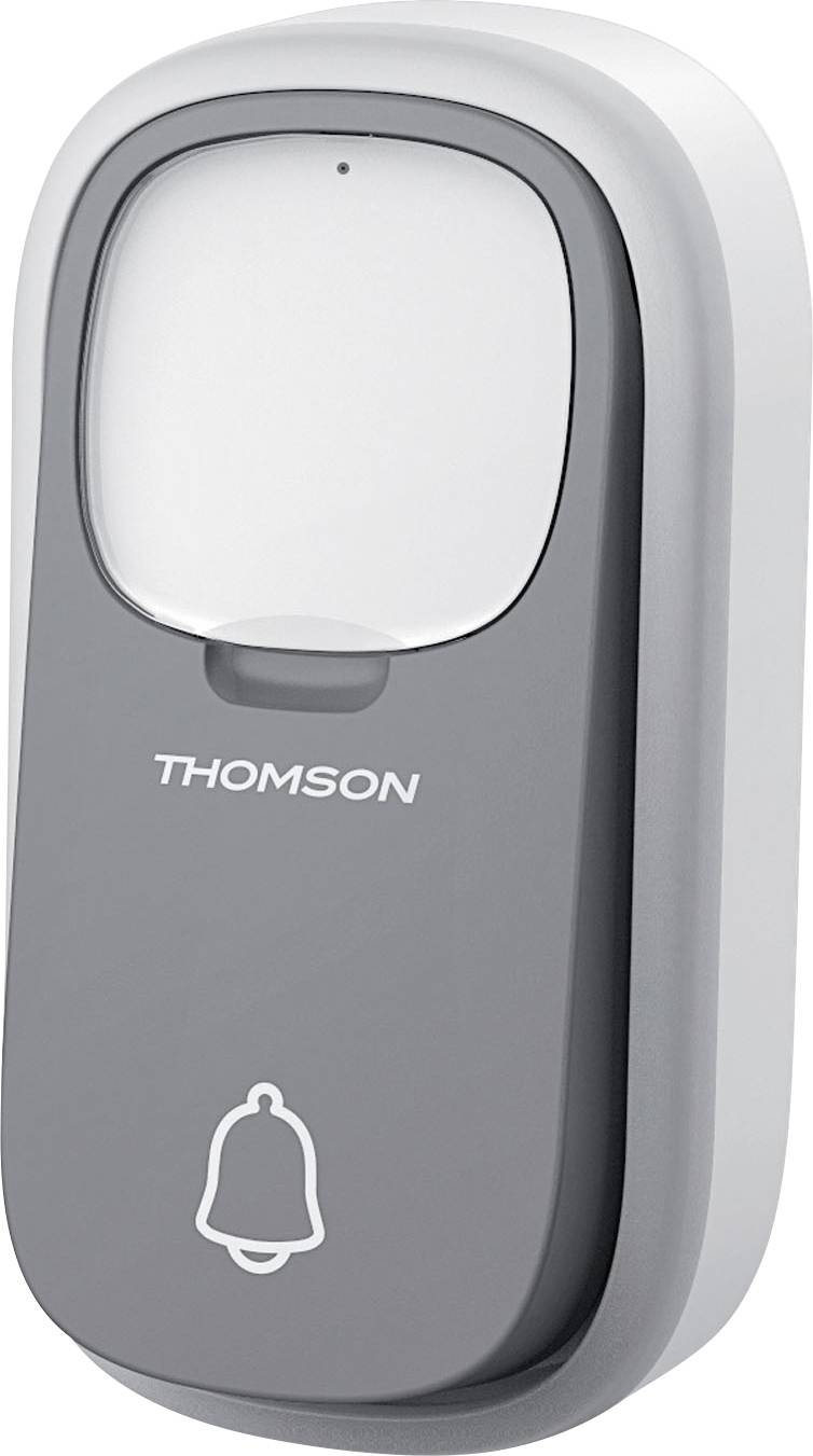 A grey and white doorbell with the inscription 'THOMSON' and a bell symbol underneath.