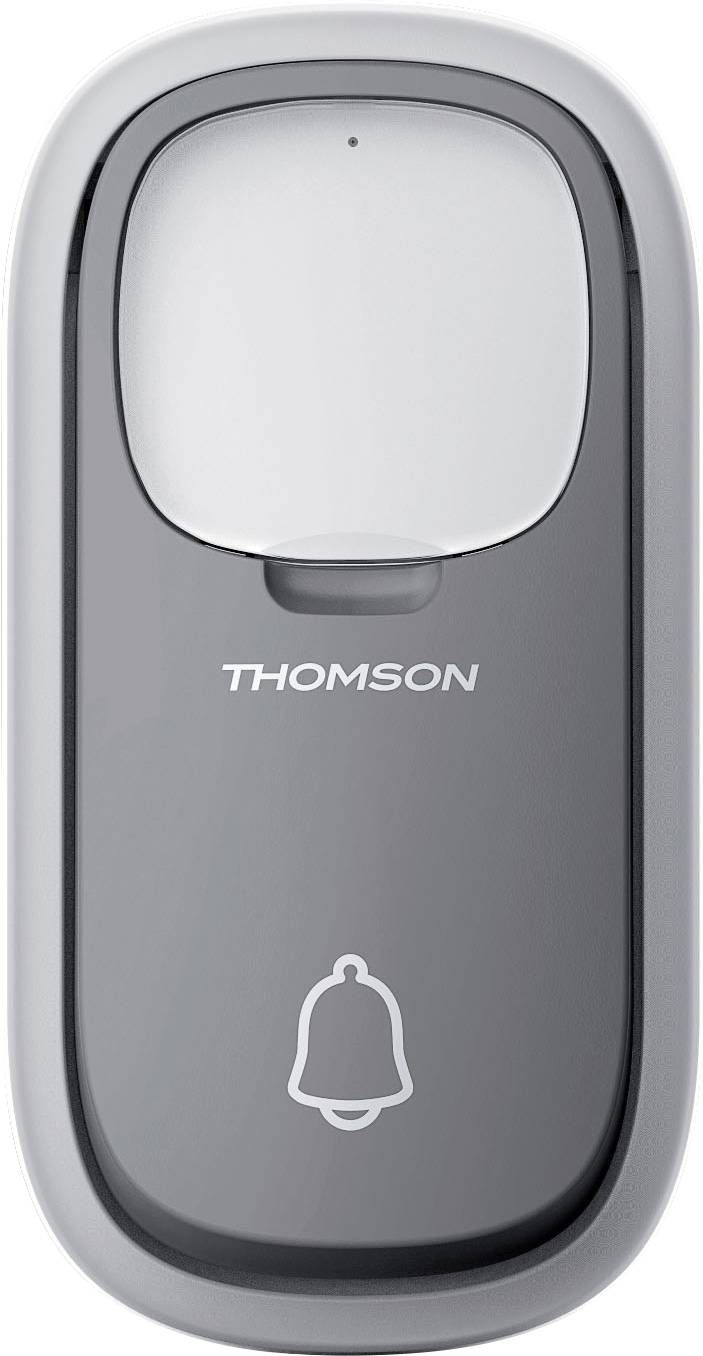 Grey-white doorbell button with 'THOMSON' inscription and bell symbol at the bottom.