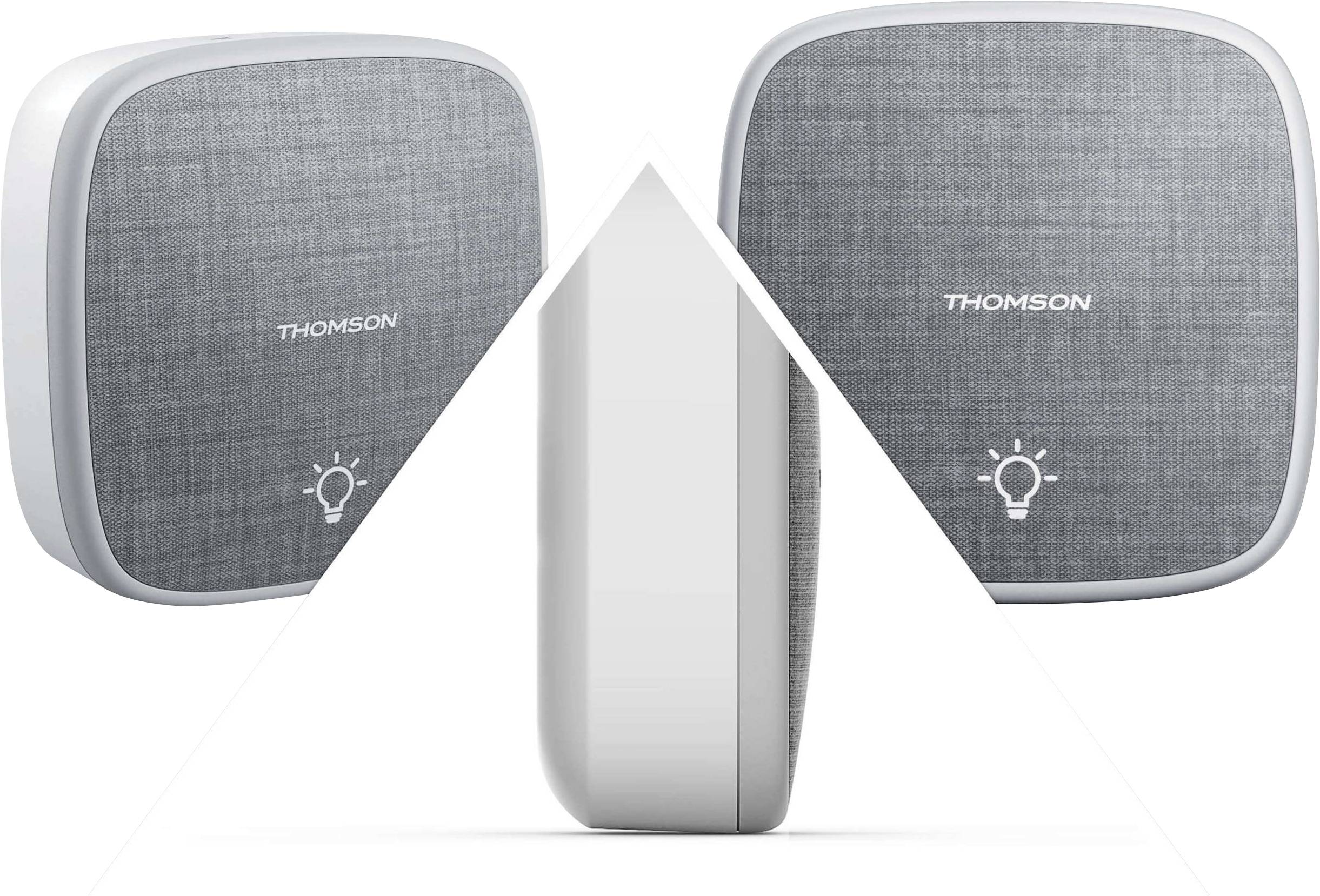 Two grey speakers with 'THOMSON' text on the front, side view showing a slim profile.