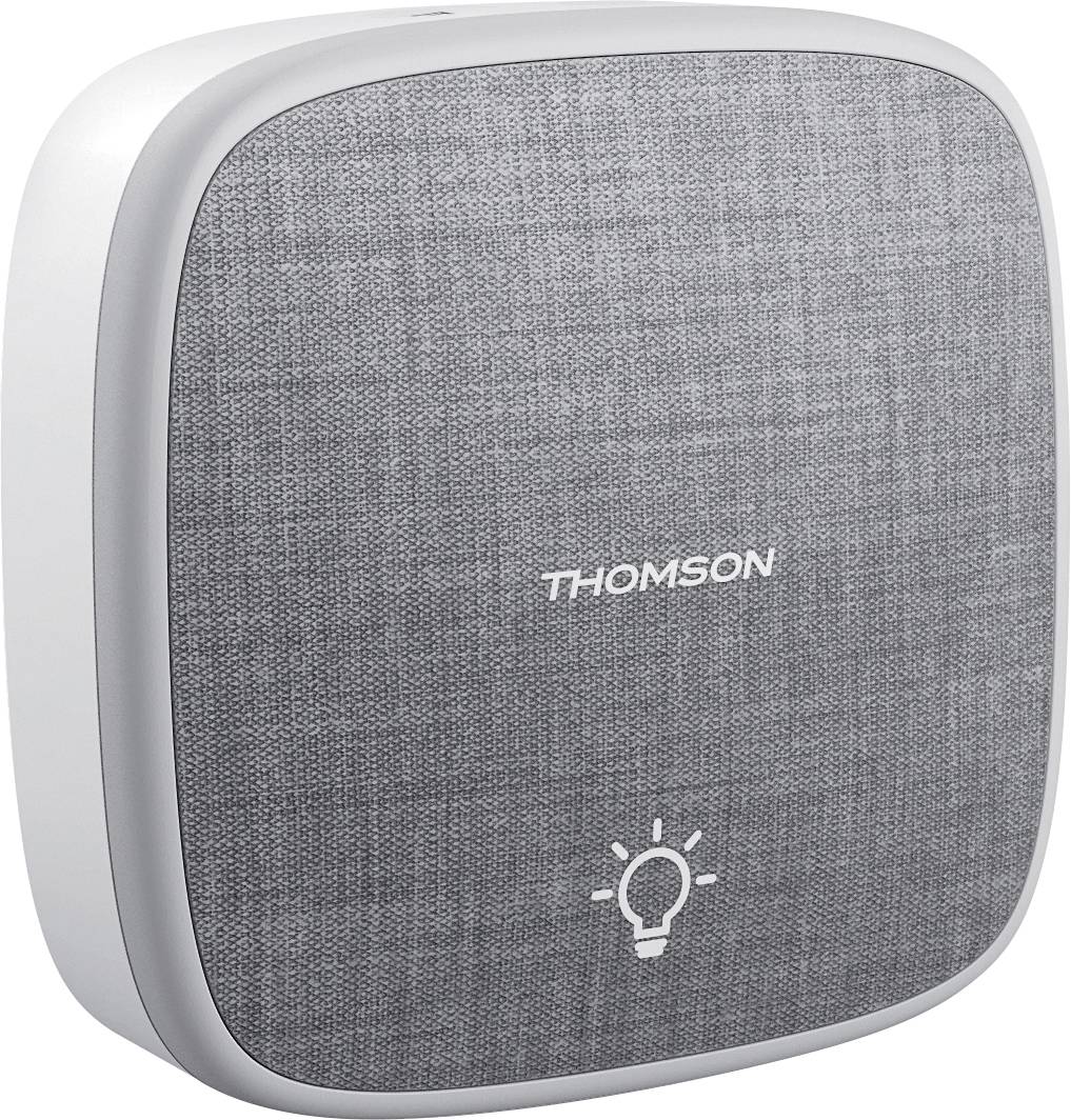 A square, grey, textile-coated device with 'THOMSON' written on it. A light bulb symbol is depicted at the bottom.