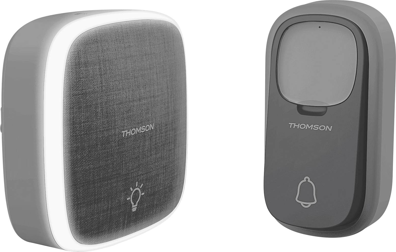 Wireless doorbell by Thomson with two units: a grey speaker box and a grey bell button, both featuring the logo.