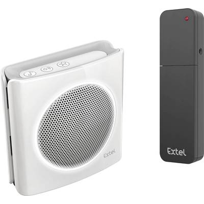 'Extel' wireless doorbell and receiver. The transmitter is black with a red dot. The white receiver has speakers and buttons.