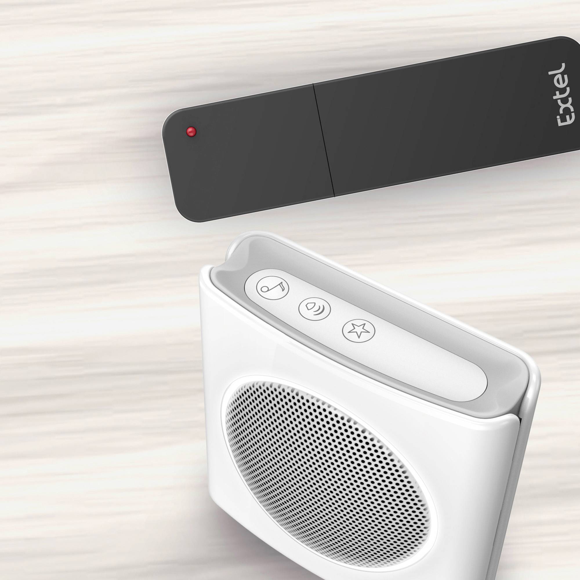 A wireless speaker with a detachable USB transmitter in a modern design, placed on a wooden surface.