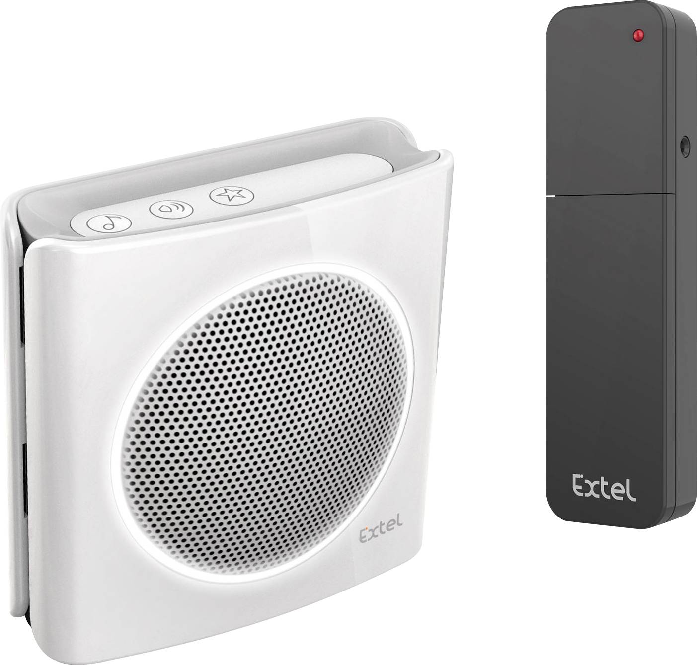 White wireless doorbell with speaker and black receiver by Extel. Both devices are shown side by side.